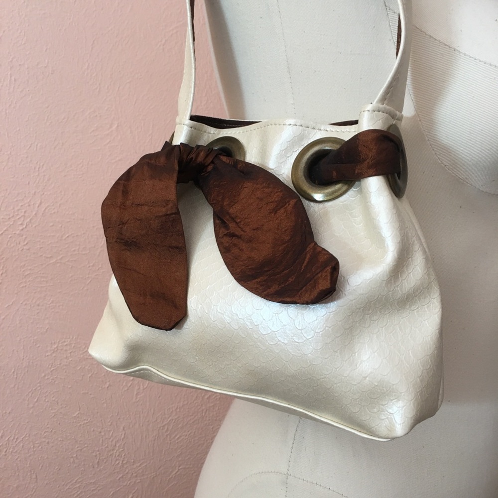 Vintage Y2K Vamp Girls White Faux Leather Brown Satin Bow handmade Mini Bag